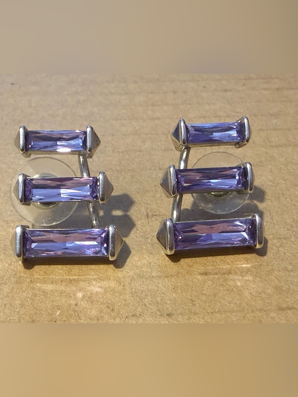 Kendra Scott Silvertone Purple Baguette Triple Bar Earrings